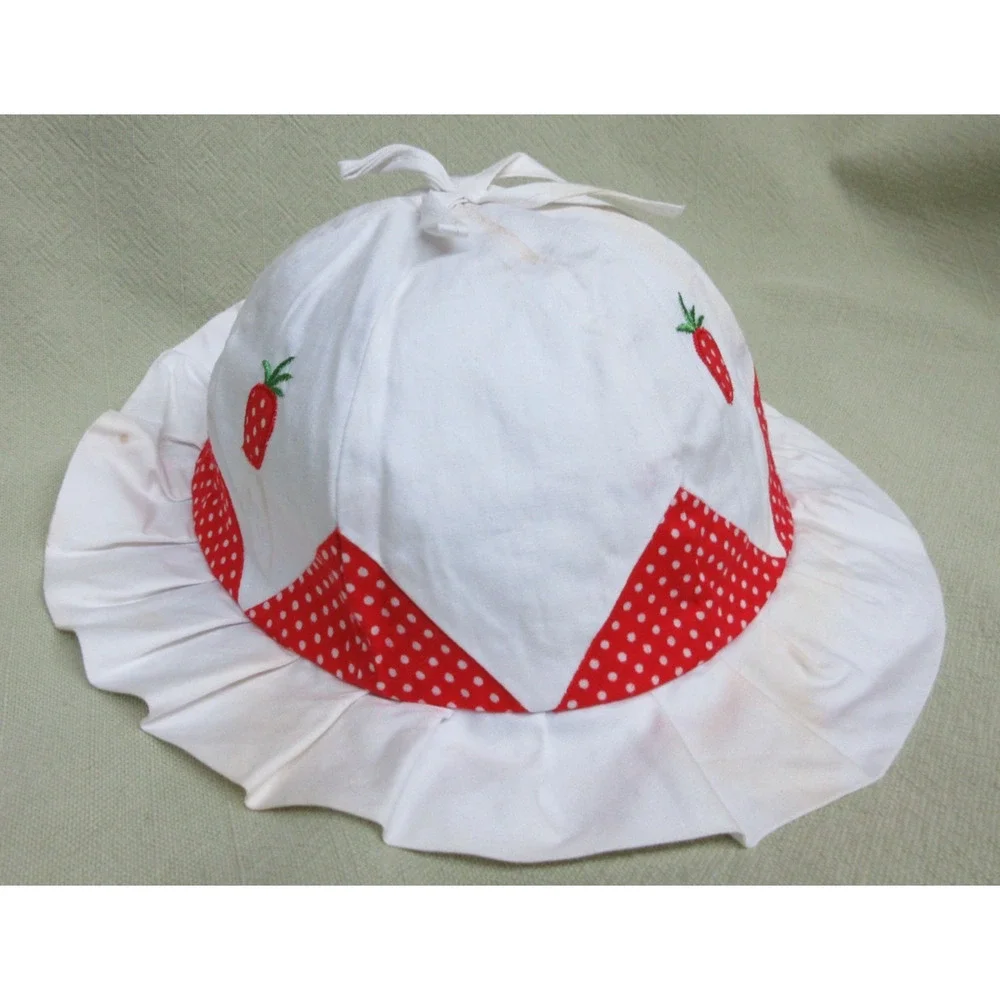 6-12 mo Vintage Strawberry Bucket Sun Hat w/ Pleated Rim & Bow